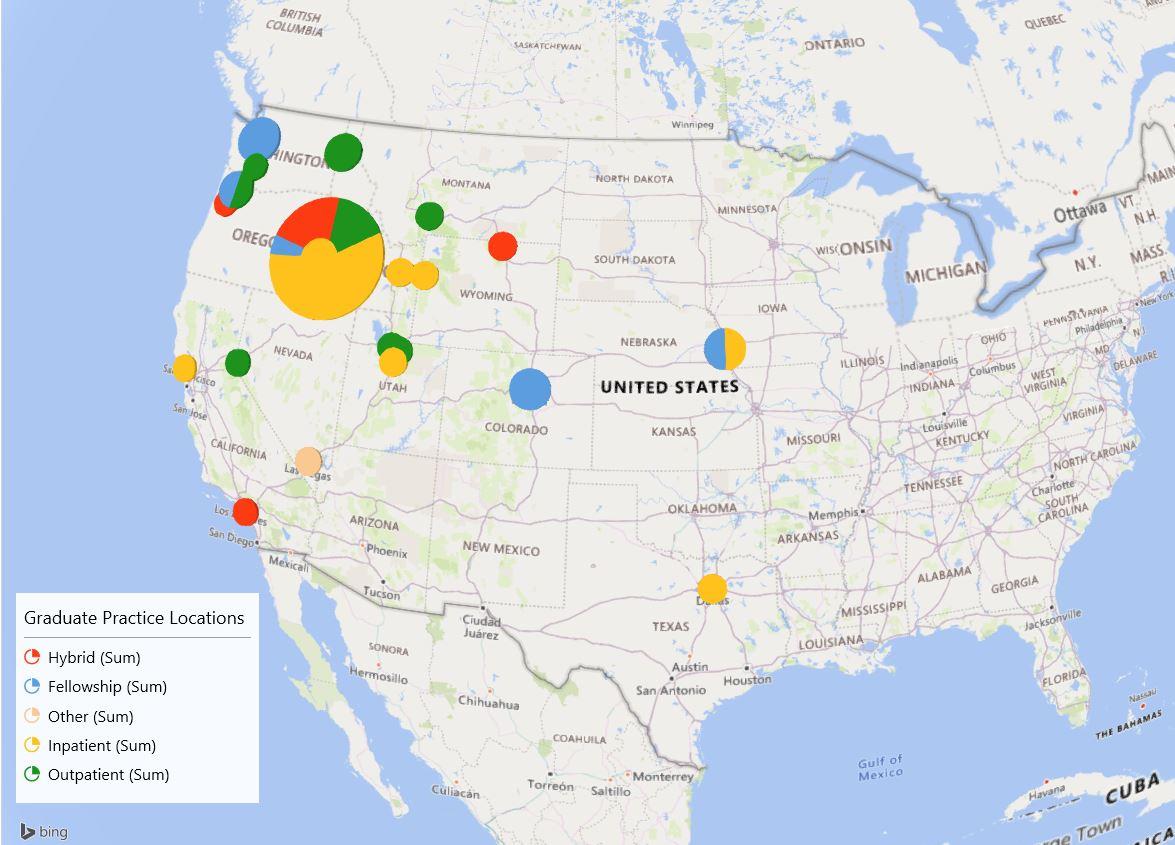 A map showing the relative areas where graduates end up, mostly in the Boise area